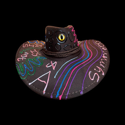 This Isnt A symmetry Project Cowboy Hat Design – Hand-Painted Festival Hat with Neon UV Reactive Accents & 3D Eye Detail, Burning Man Style