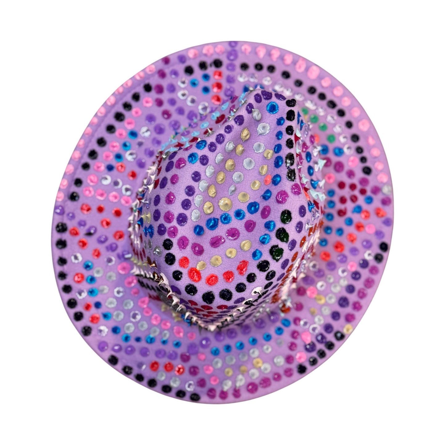 Hand-Painted Lavender Fedora: Festival Rave Hat with Spikes & Hidden Gnosis