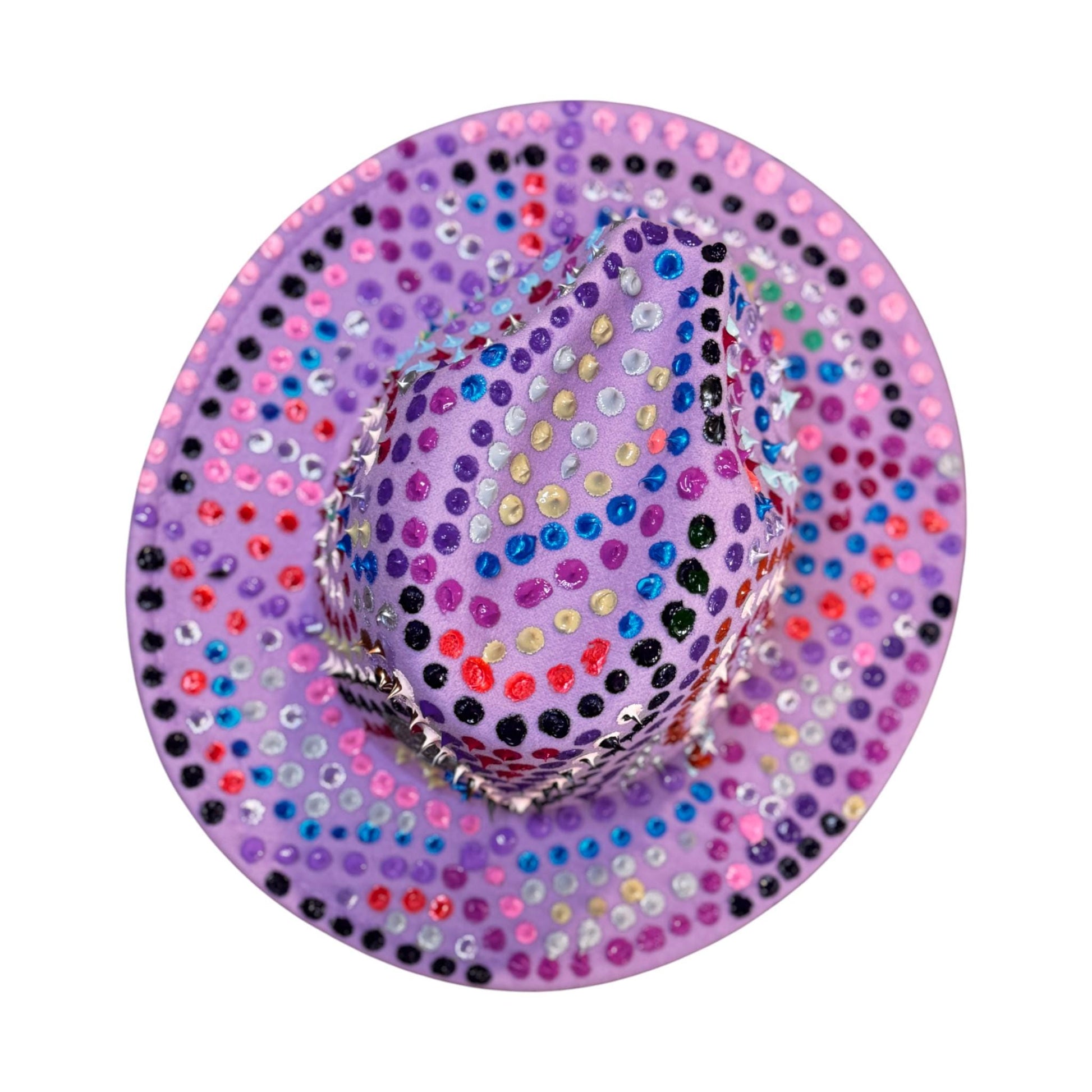 Hand-Painted Lavender Fedora: Festival Rave Hat with Spikes & Hidden Gnosis