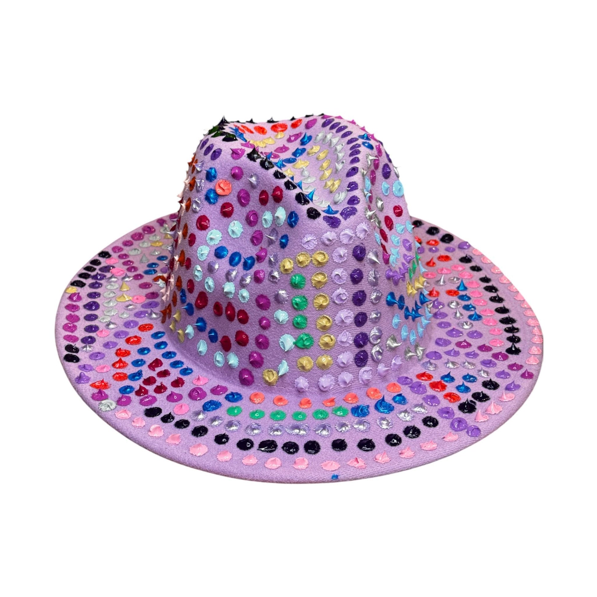 Hand-Painted Lavender Fedora: Festival Rave Hat with Spikes & Hidden Gnosis