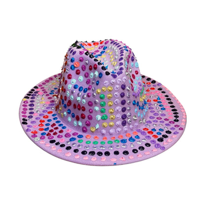 Hand-Painted Lavender Fedora: Festival Rave Hat with Spikes & Hidden Gnosis