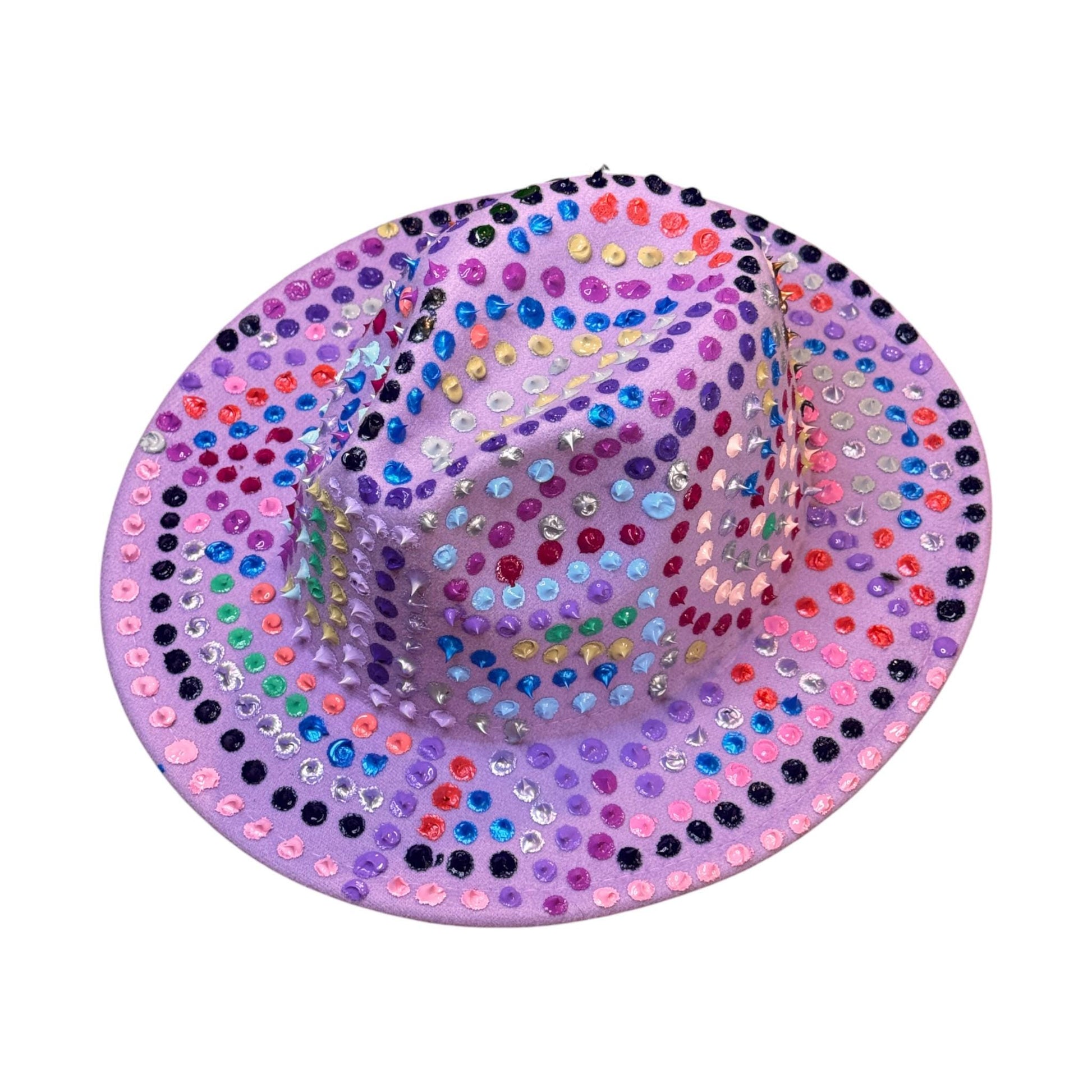 Hand-Painted Lavender Fedora: Festival Rave Hat with Spikes & Hidden Gnosis