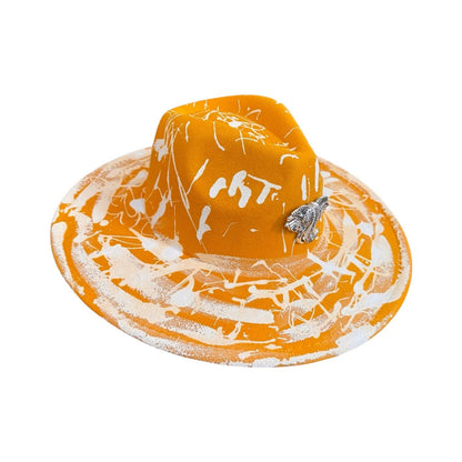 Hand-Painted Orange Splatter Hat: Festival Rave Fashion with Silver Elephant
