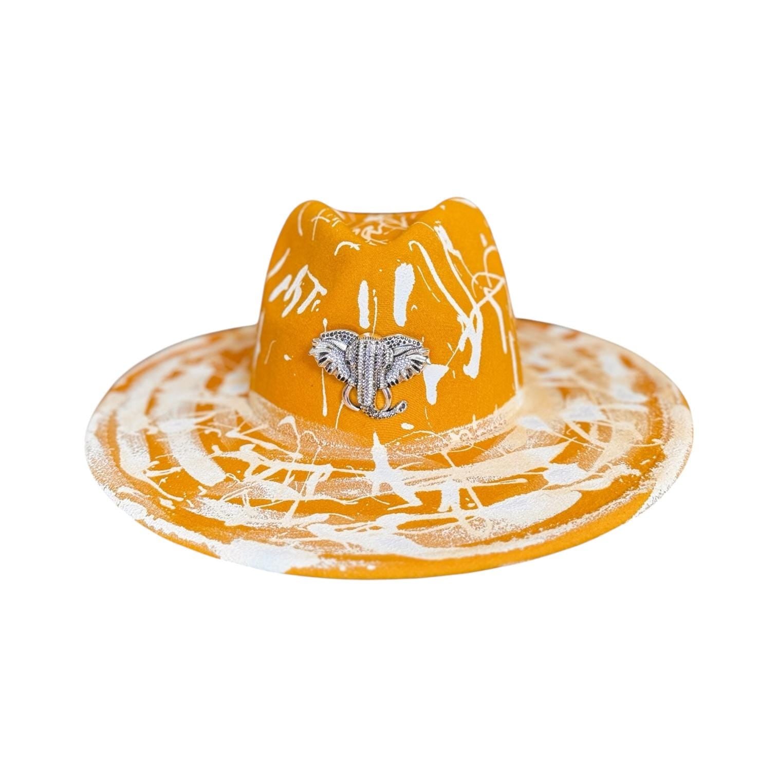 Hand-Painted Orange Splatter Hat: Festival Rave Fashion with Silver Elephant