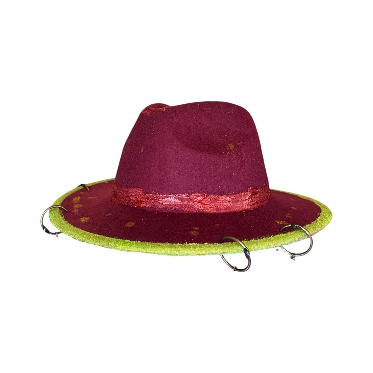 Hand-Painted Plum Felt Hat: Neon Brim, Bronze Bee Charms, UV Reactive, Burning Man Hat
