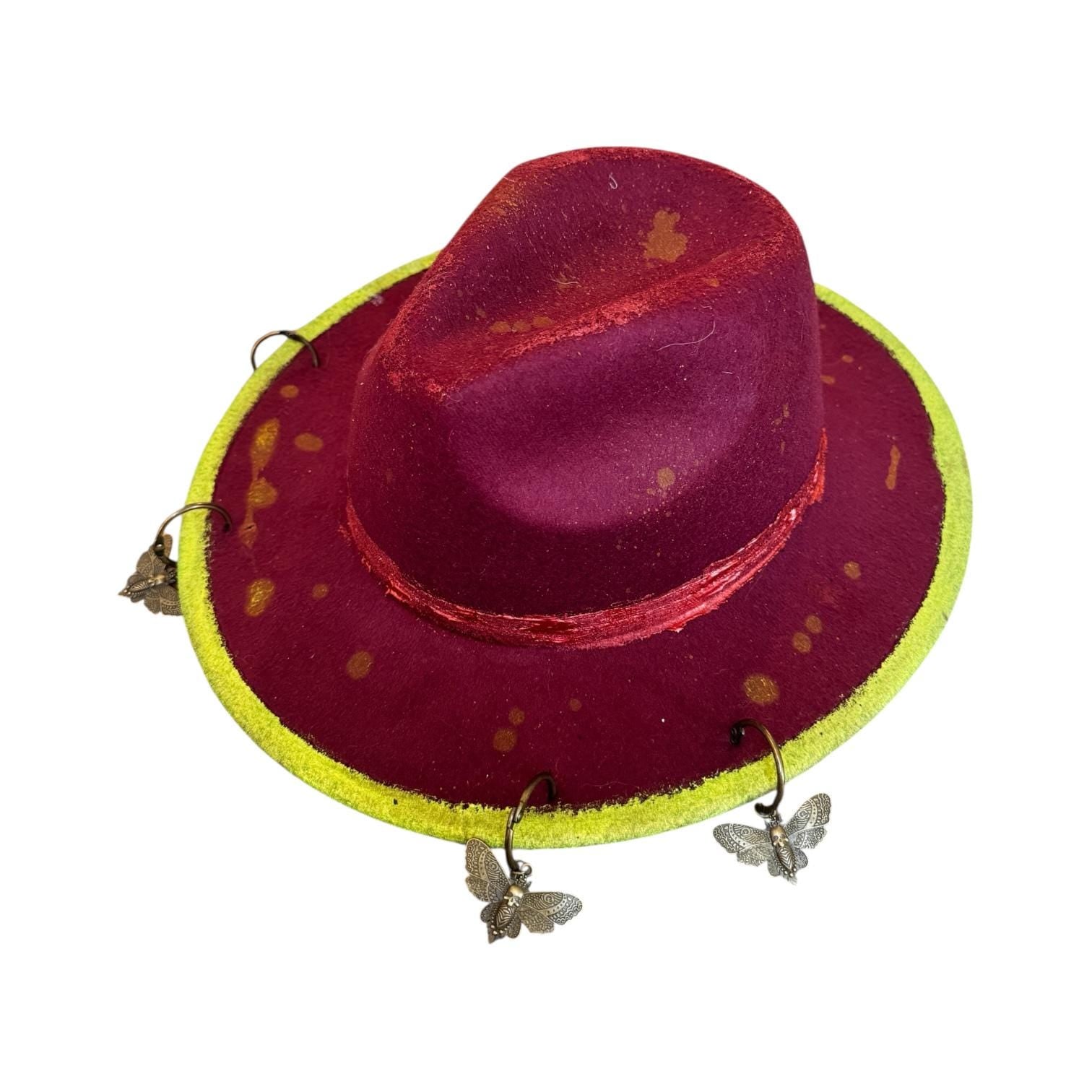 Hand-Painted Plum Felt Hat: Neon Brim, Bronze Bee Charms, UV Reactive, Burning Man Hat