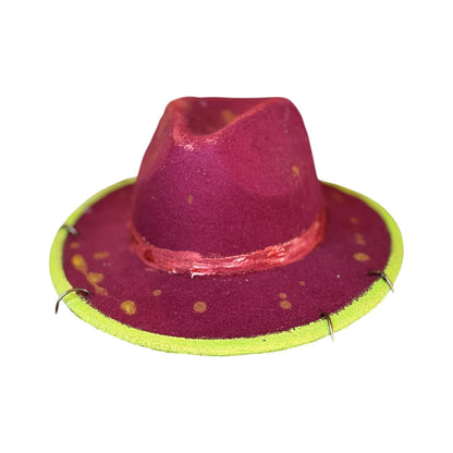 Hand-Painted Plum Felt Hat: Neon Brim, Bronze Bee Charms, UV Reactive, Burning Man Hat