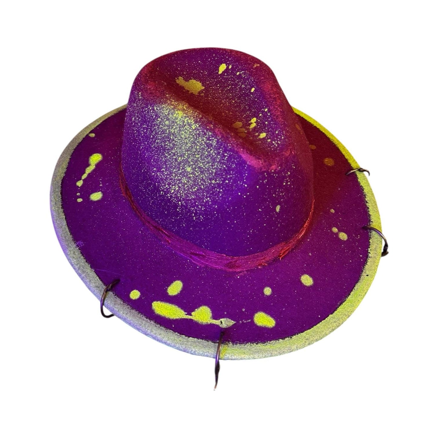 Hand-Painted Plum Felt Hat: Neon Brim, Bronze Bee Charms, UV Reactive, Burning Man Hat