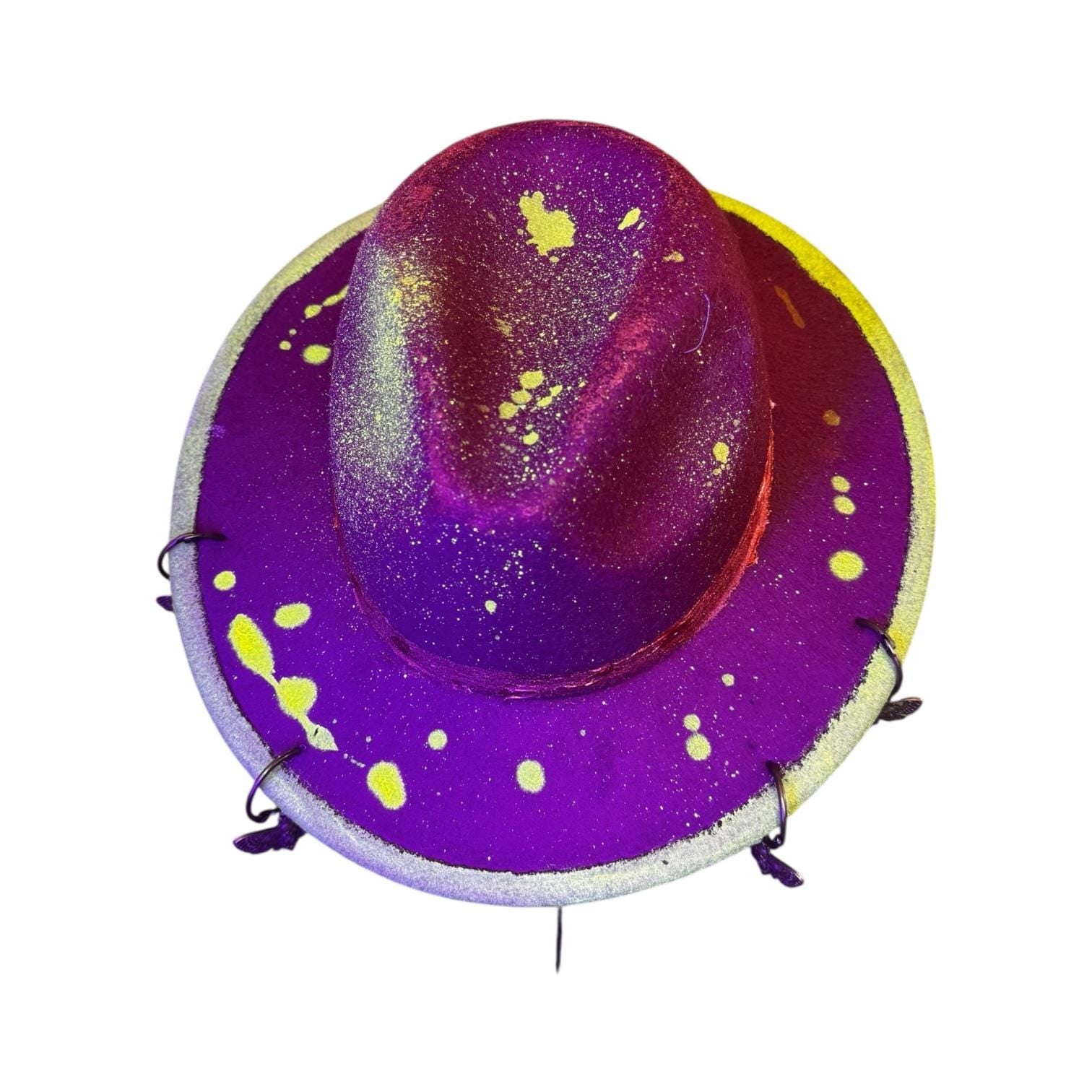 Hand-Painted Plum Felt Hat: Neon Brim, Bronze Bee Charms, UV Reactive, Burning Man Hat