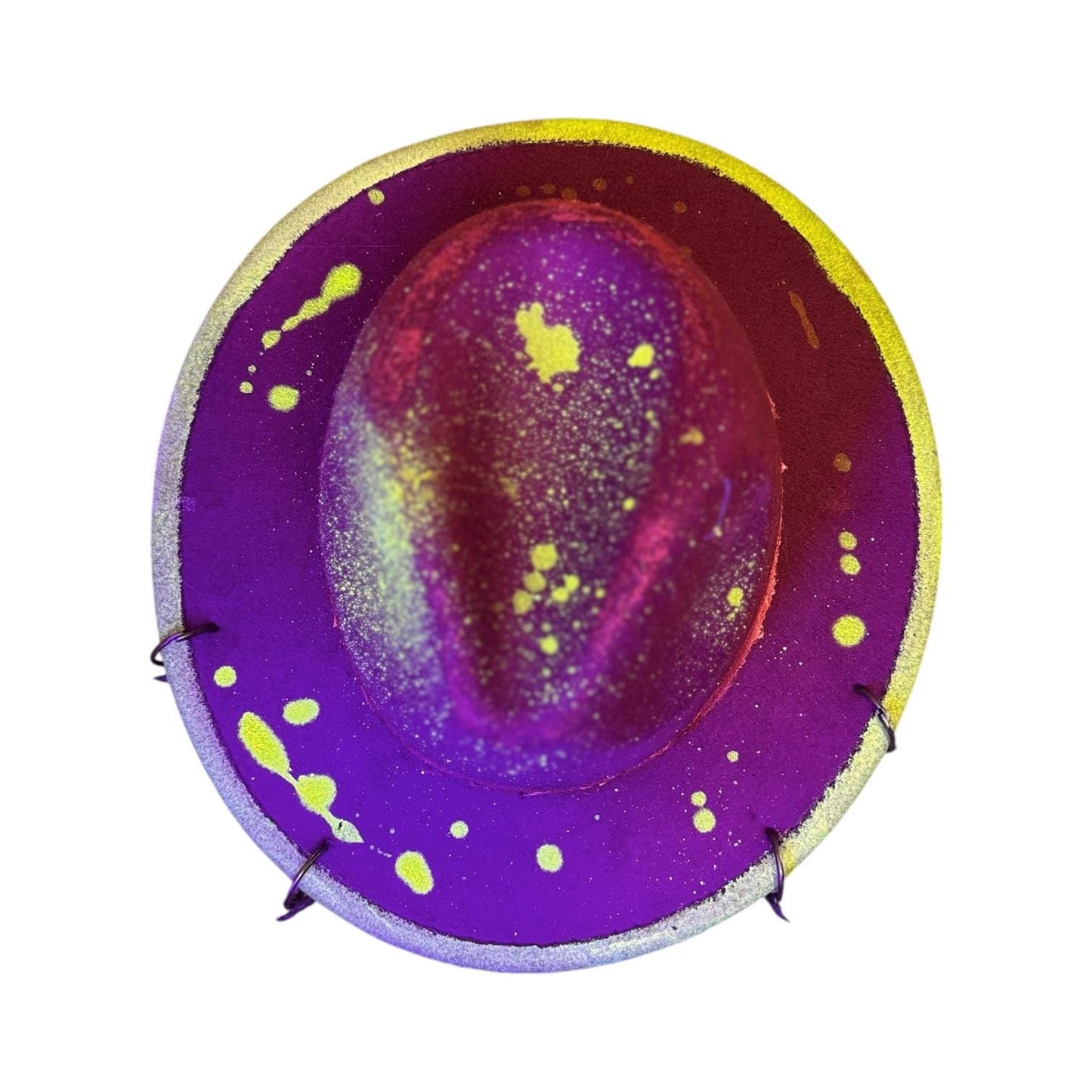 Hand-Painted Plum Felt Hat: Neon Brim, Bronze Bee Charms, UV Reactive, Burning Man Hat