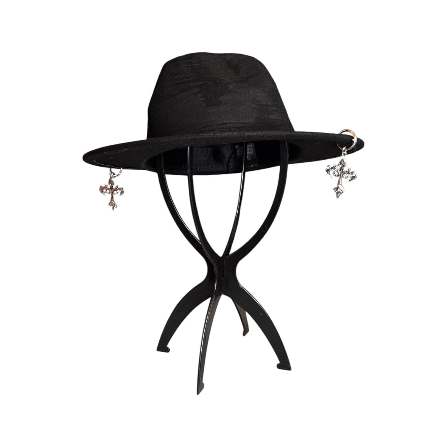 Gothic Cross Charm Black Hat – Spooky Halloween Costume Accessory