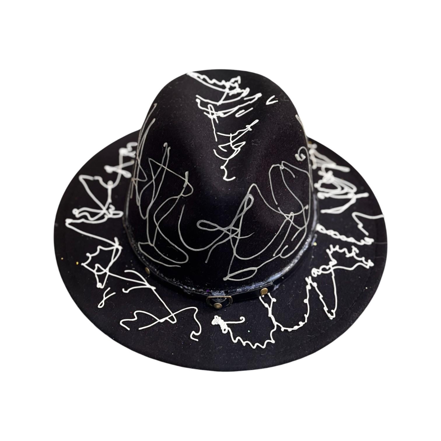 Hand-Painted Rave Fedora: Black Abstract UV Reactive Wearable Art
