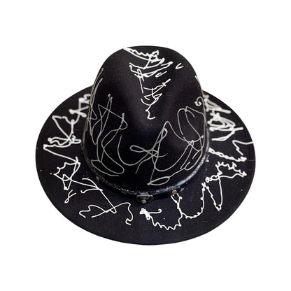 Hand-Painted Rave Fedora: Black Abstract UV Reactive Wearable Art