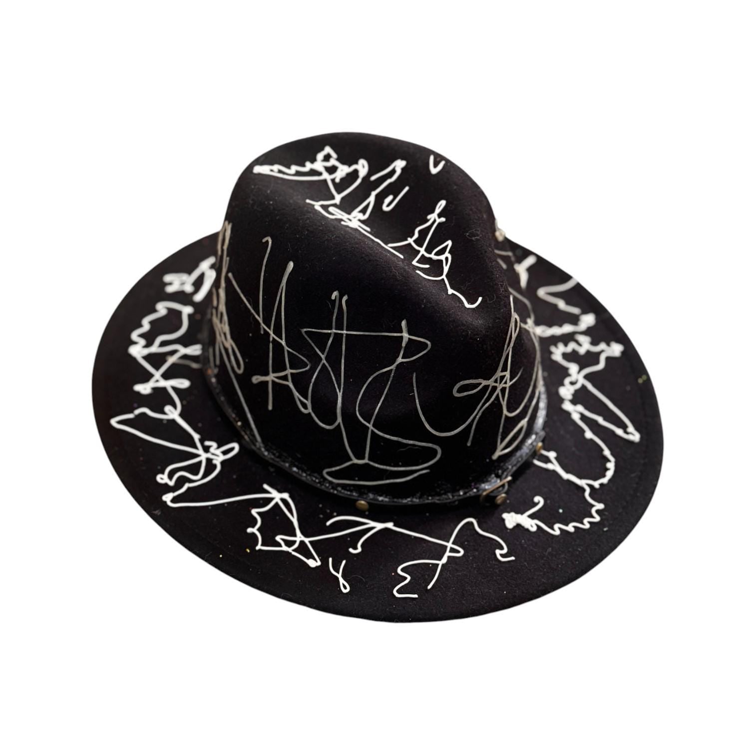 Hand-Painted Rave Fedora: Black Abstract UV Reactive Wearable Art
