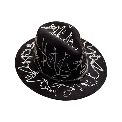 Hand-Painted Rave Fedora: Black Abstract UV Reactive Wearable Art