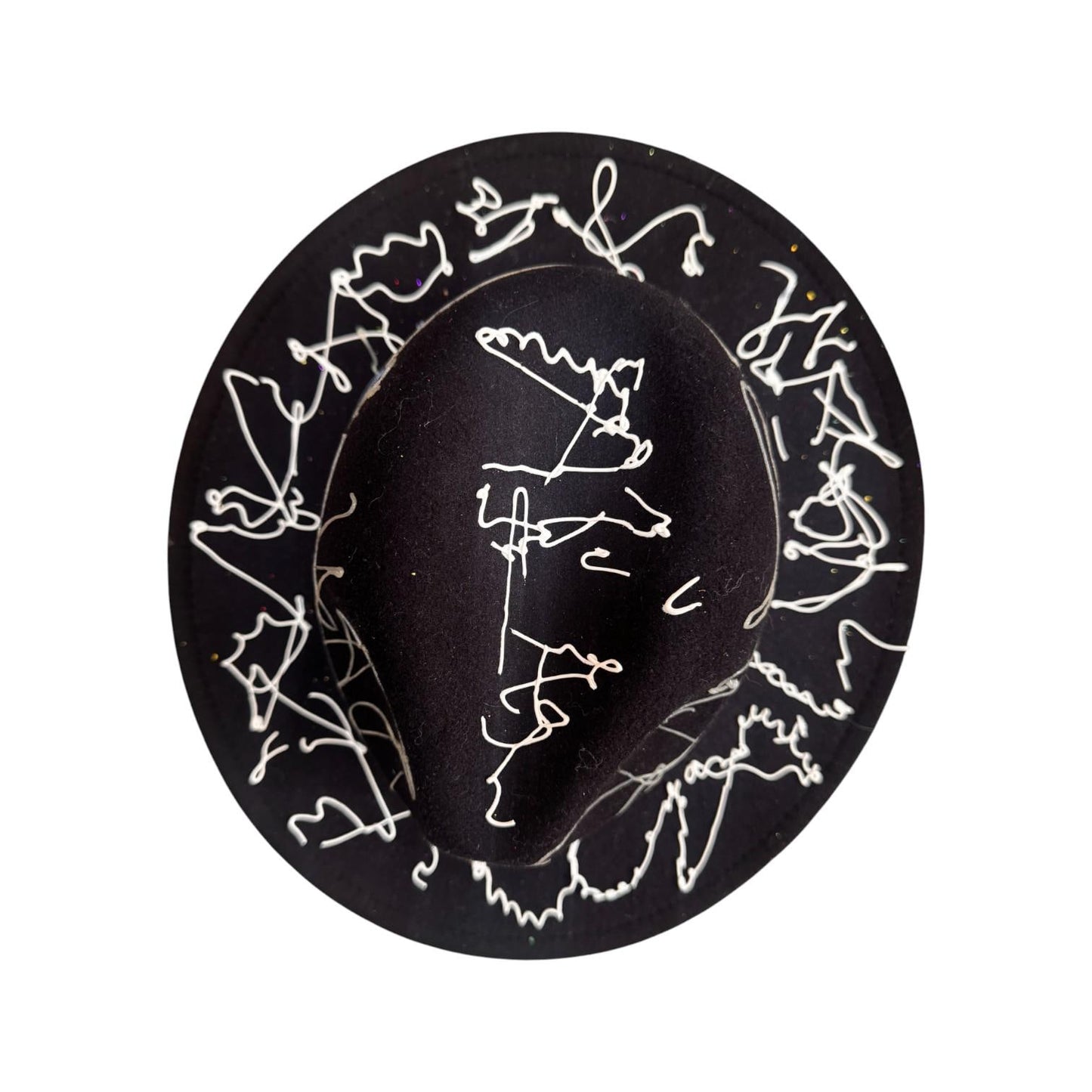 Hand-Painted Rave Fedora: Black Abstract UV Reactive Wearable Art