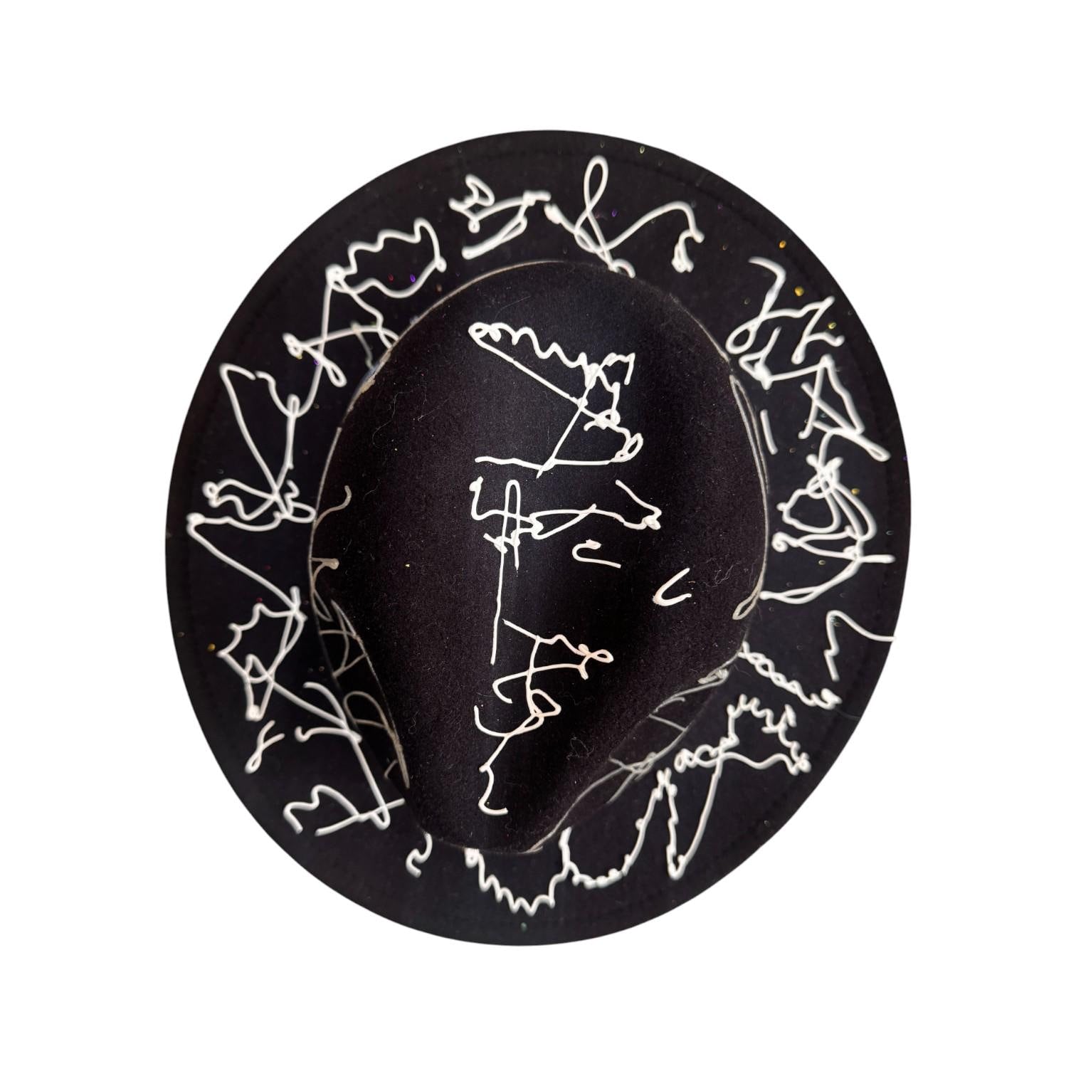 Hand-Painted Rave Fedora: Black Abstract UV Reactive Wearable Art