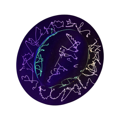 Hand-Painted Rave Fedora: Black Abstract UV Reactive Wearable Art
