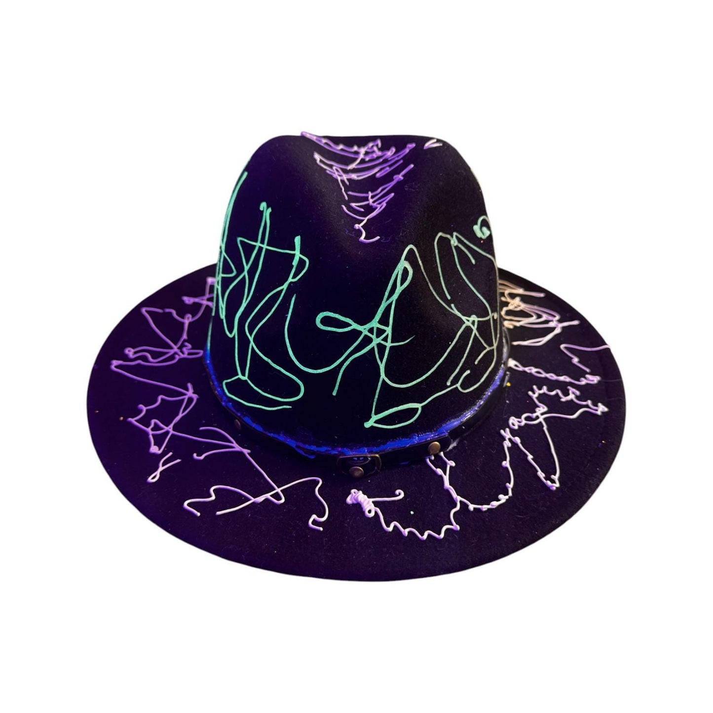 Hand-Painted Rave Fedora: Black Abstract UV Reactive Wearable Art