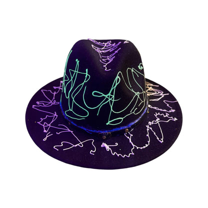 Hand-Painted Rave Fedora: Black Abstract UV Reactive Wearable Art
