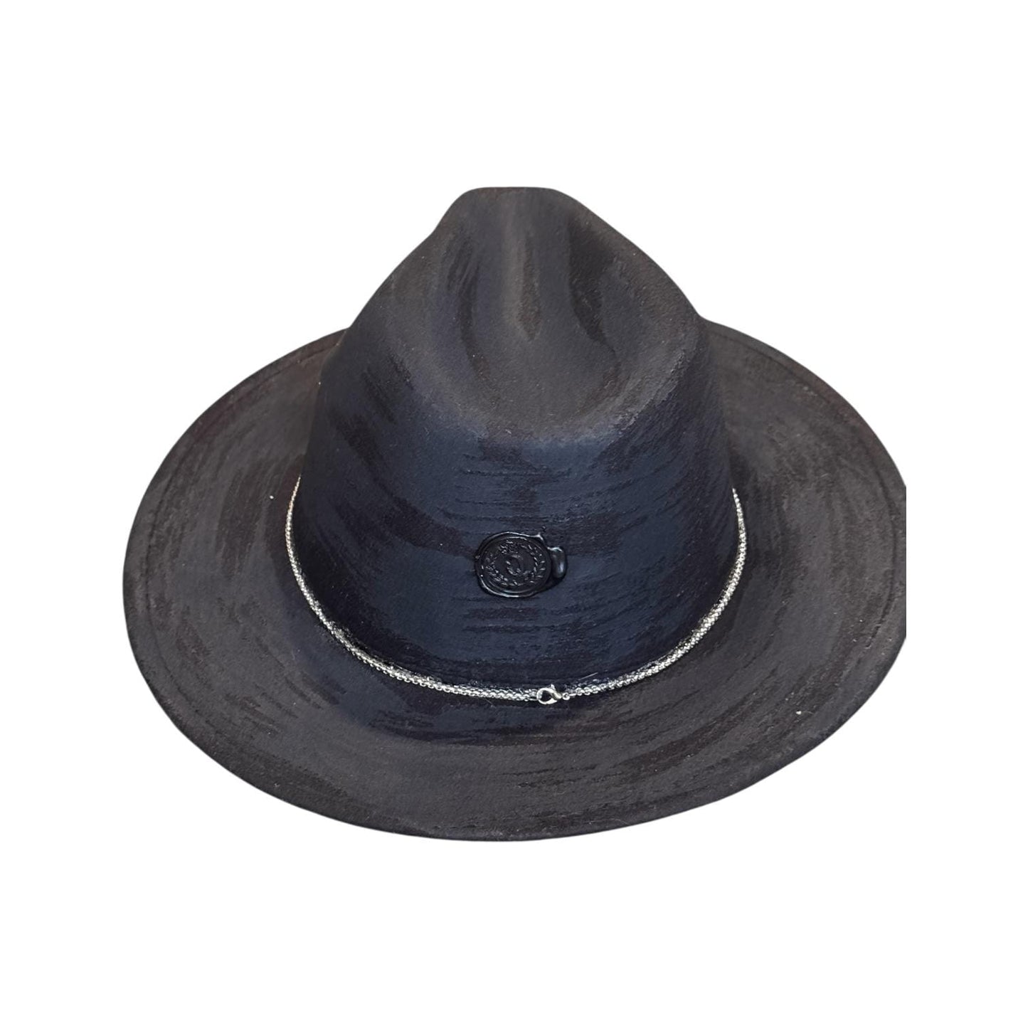 Black Halloween Succubus Witch Hat – Gothic Festival Fedora with Silver Demon Pendant, Dark Rave Accessory, Handmade by Ilgaz Kuren