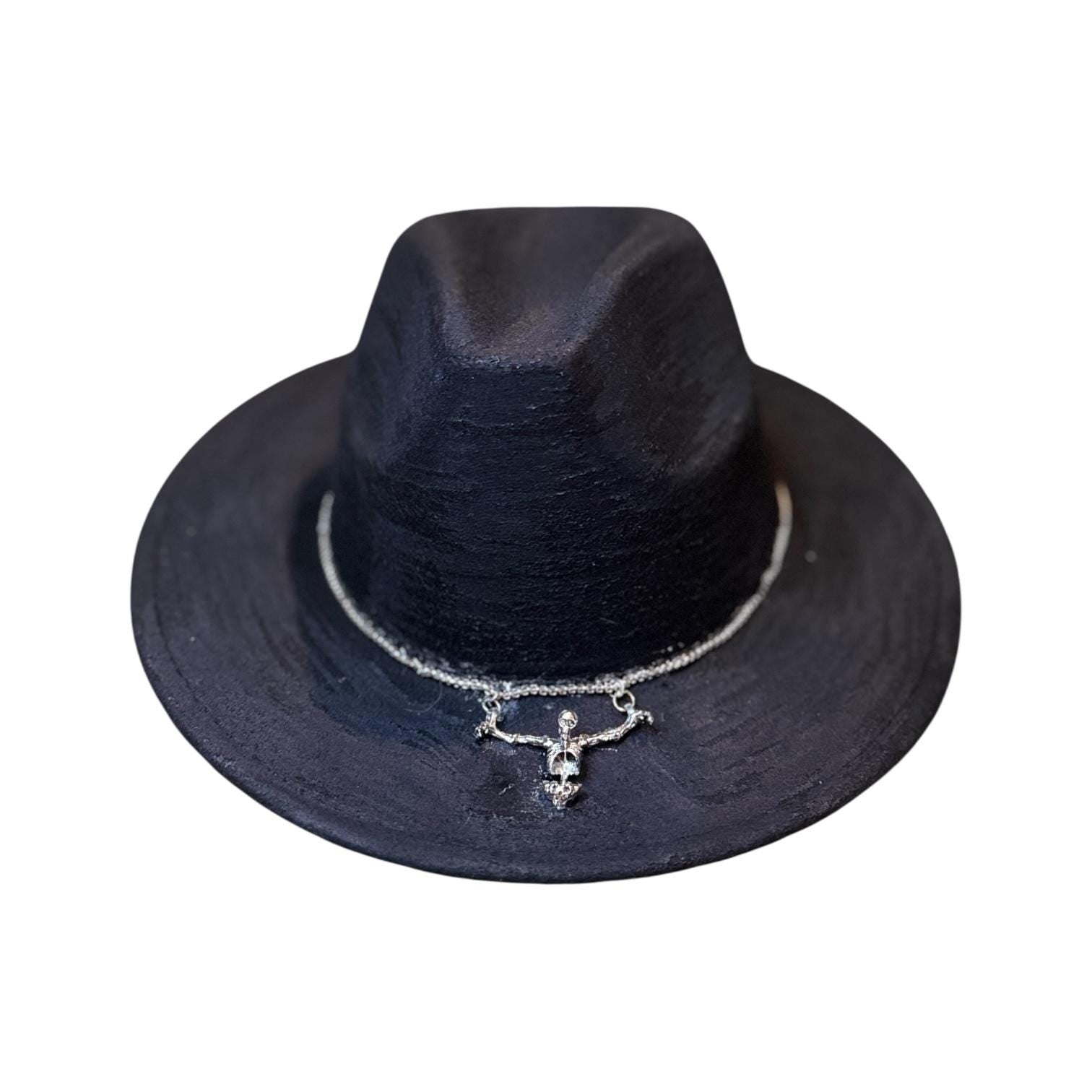 Black Halloween Succubus Witch Hat – Gothic Festival Fedora with Silver Demon Pendant, Dark Rave Accessory, Handmade by Ilgaz Kuren