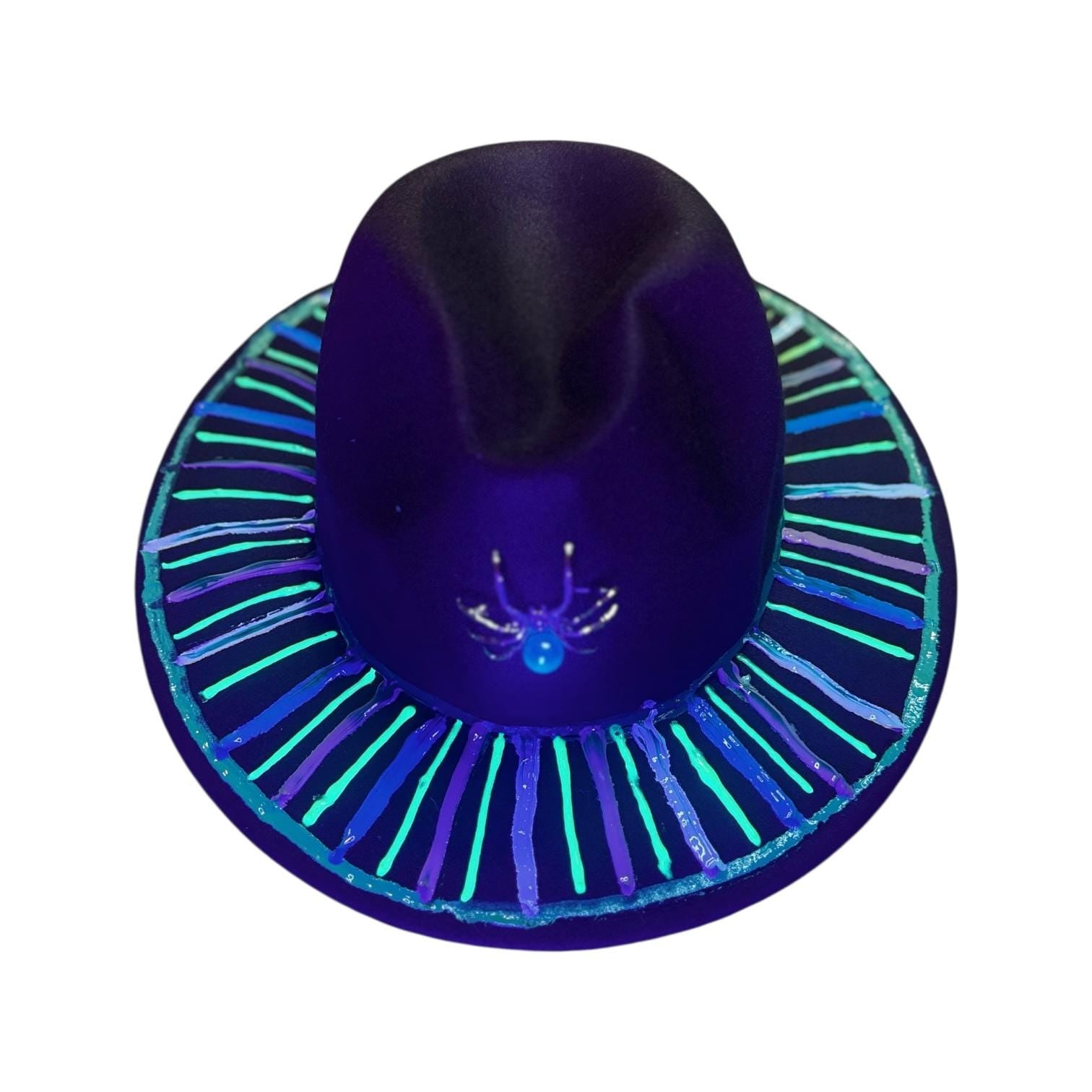 Hand-Painted Halloween Fedora: UV Reactive Spider Web Rave Hat