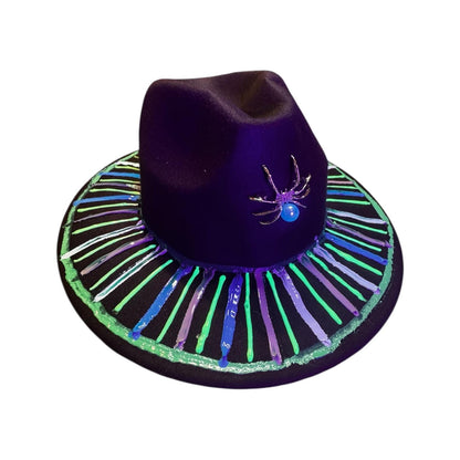 Hand-Painted Halloween Fedora: UV Reactive Spider Web Rave Hat