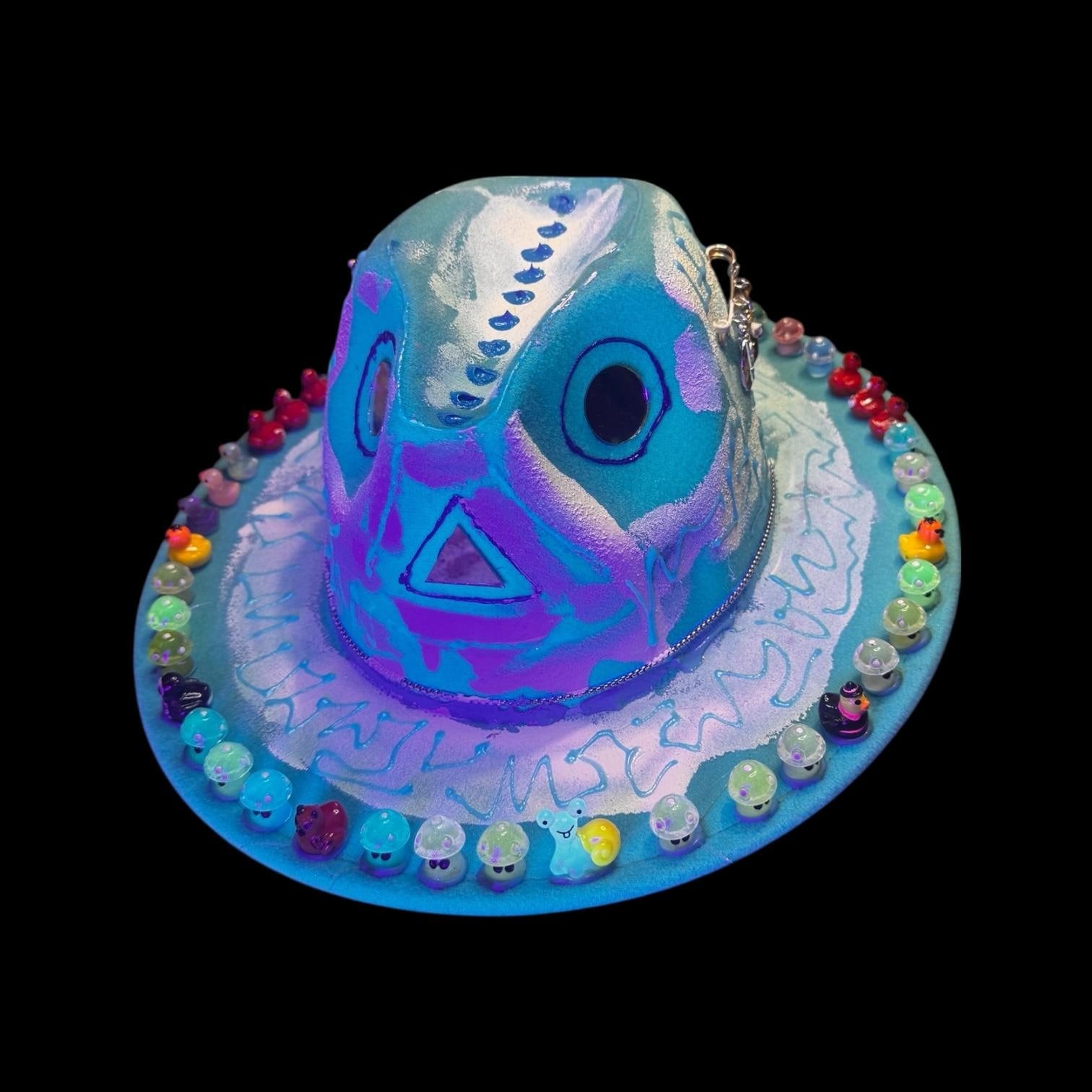 Hand-Painted UV Reactive Mask Hat: Festival Rave Wearable Art