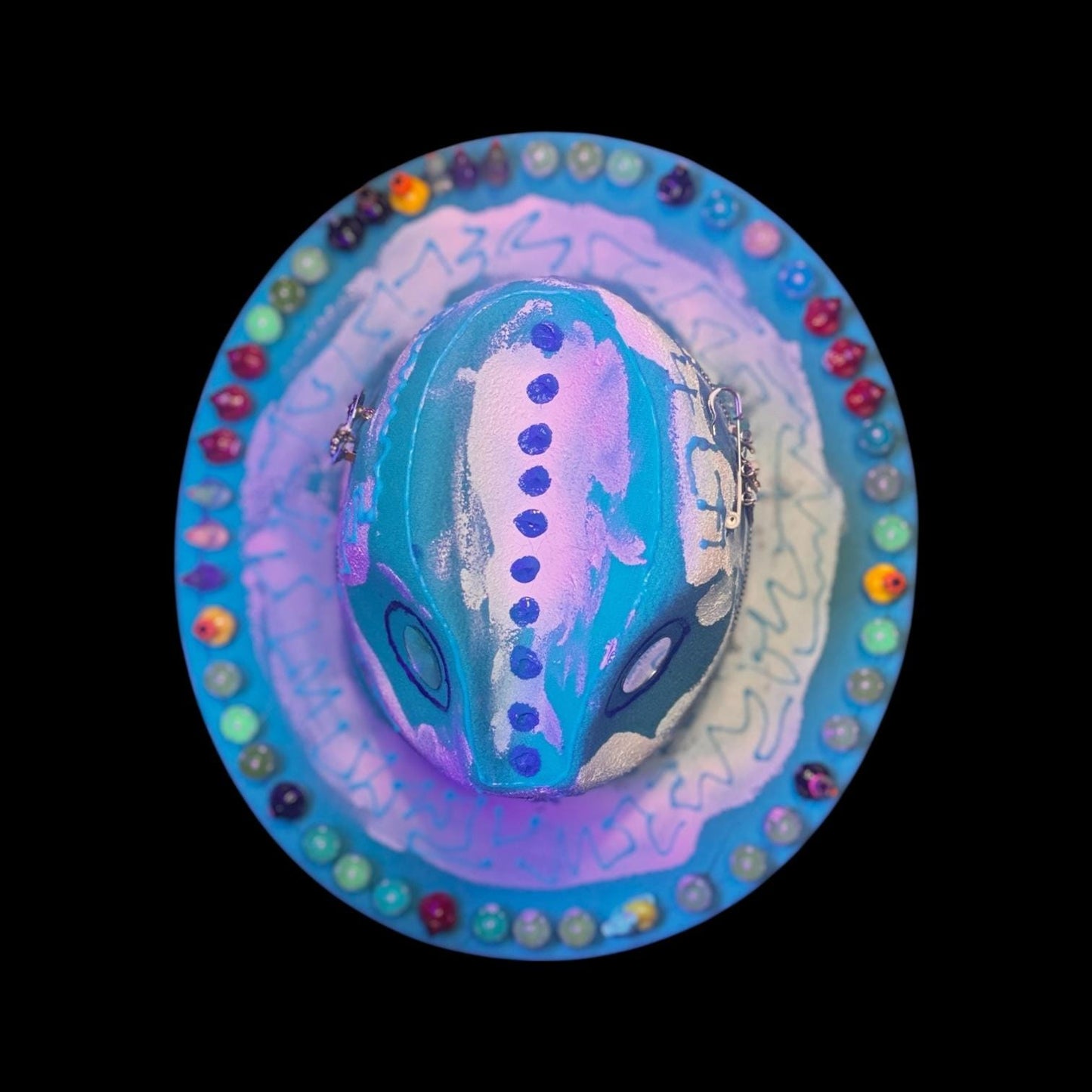 Hand-Painted UV Reactive Mask Hat: Festival Rave Wearable Art