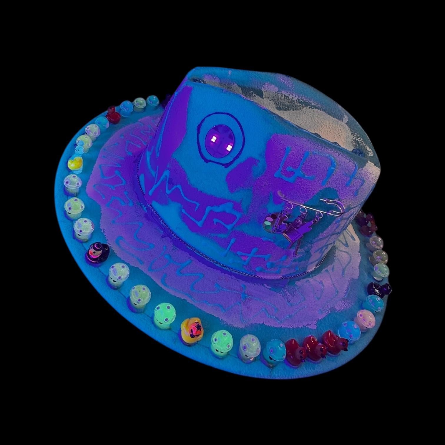 Hand-Painted UV Reactive Mask Hat: Festival Rave Wearable Art
