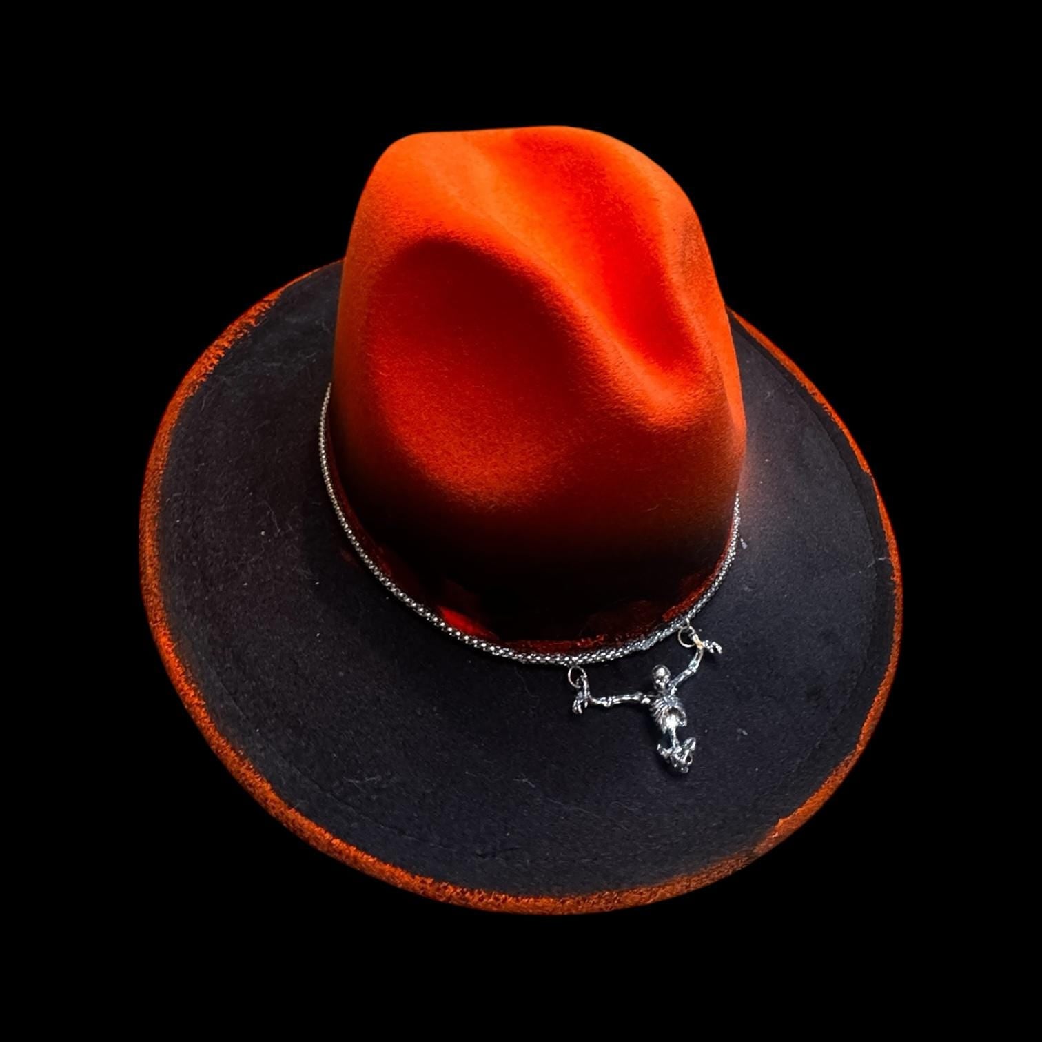 Hand-Painted Inferno Skull Fedora Hat: Gothic Rave Halloween Costume