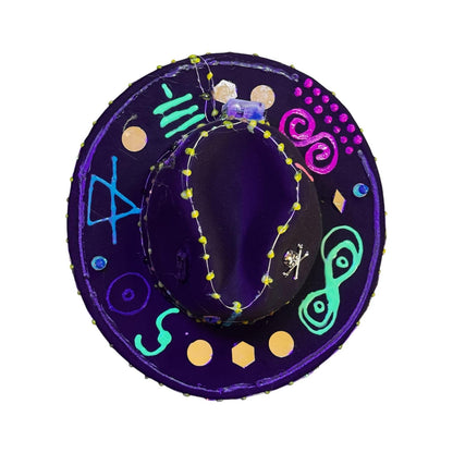 Cosmic Enigma – Glow-in-the-Dark Halloween Fedora with LED Lights & Mystical Symbols
