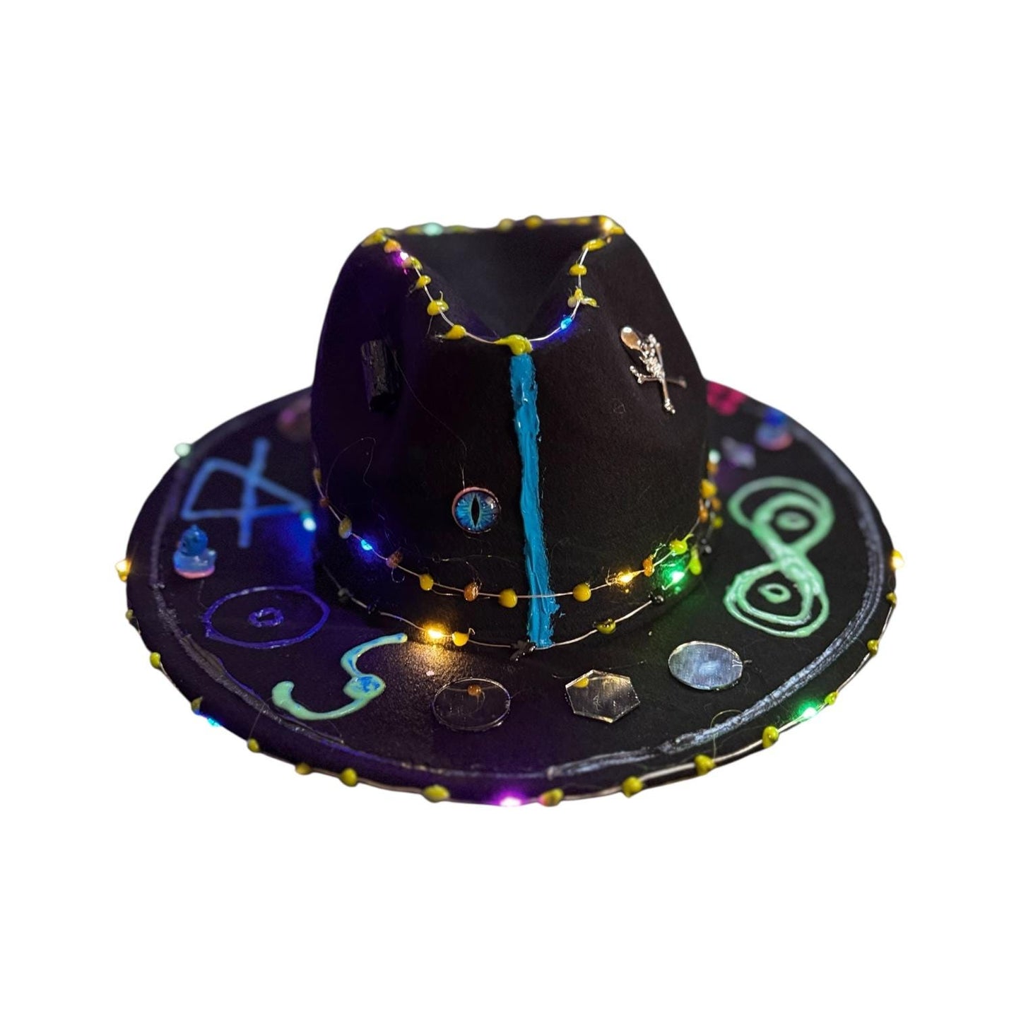 Cosmic Enigma – Glow-in-the-Dark Halloween Fedora with LED Lights & Mystical Symbols
