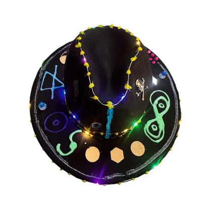 Cosmic Enigma – Glow-in-the-Dark Halloween Fedora with LED Lights & Mystical Symbols