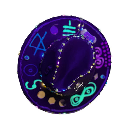 Cosmic Enigma – Glow-in-the-Dark Halloween Fedora with LED Lights & Mystical Symbols