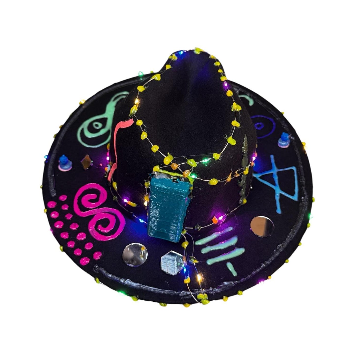 Cosmic Enigma – Glow-in-the-Dark Halloween Fedora with LED Lights & Mystical Symbols