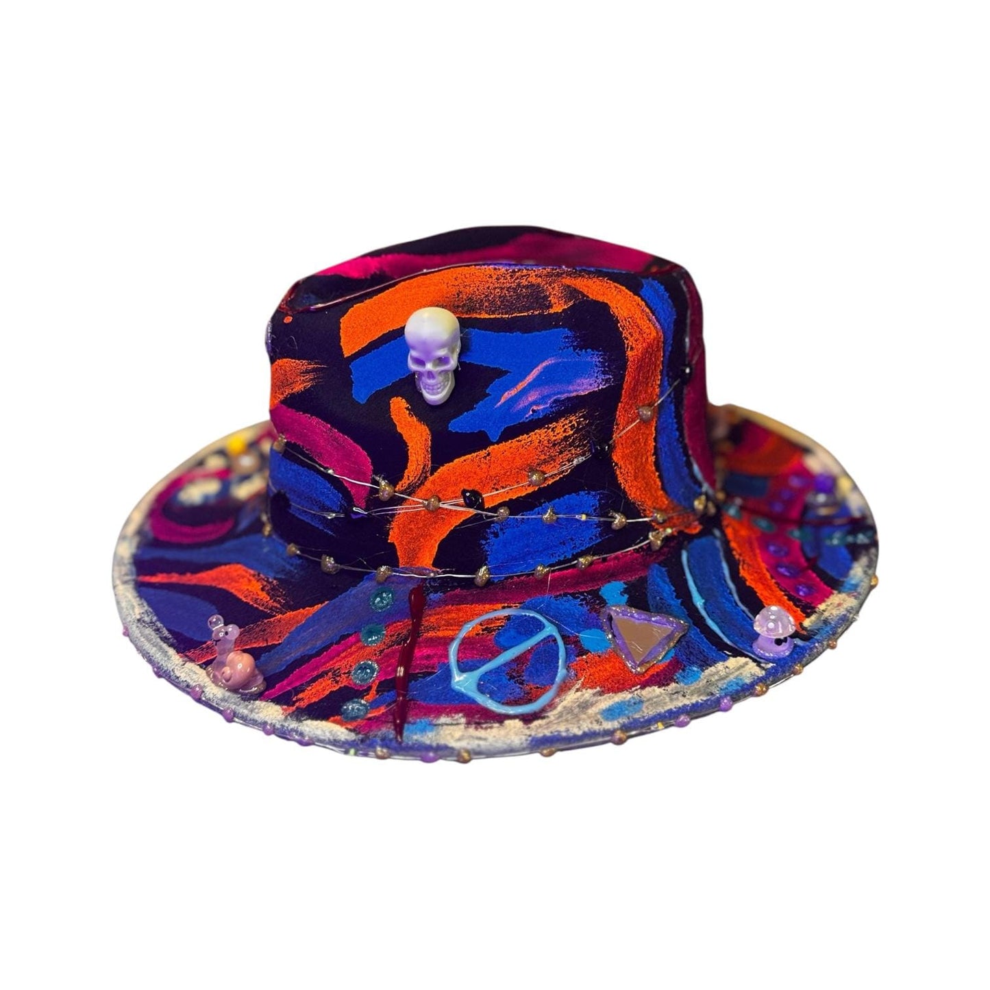 Hand-Painted Psychedelic Skull Fedora: UV Neon Glow Festival Hat