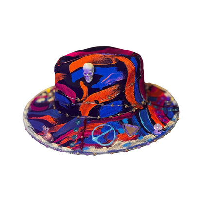 Hand-Painted Psychedelic Skull Fedora: UV Neon Glow Festival Hat
