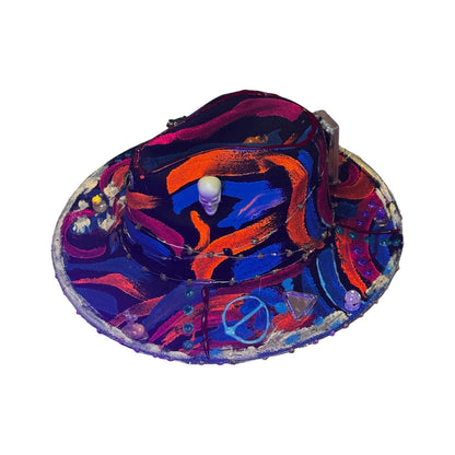 Hand-Painted Psychedelic Skull Fedora: UV Neon Glow Festival Hat