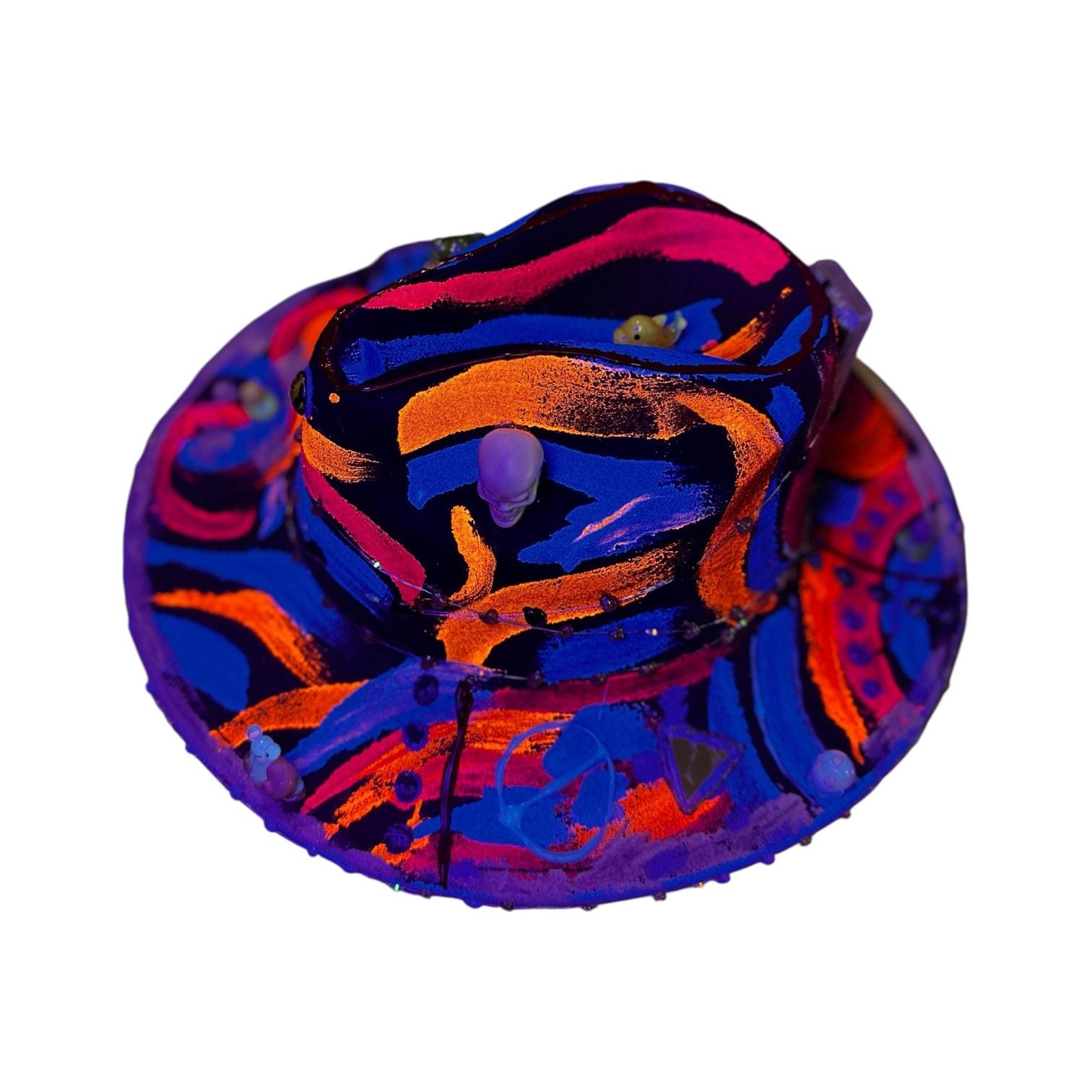 Hand-Painted Psychedelic Skull Fedora: UV Neon Glow Festival Hat