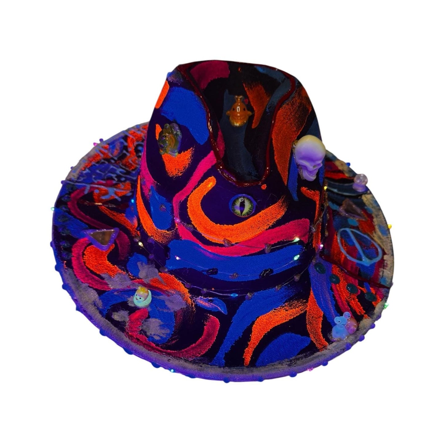 Hand-Painted Psychedelic Skull Fedora: UV Neon Glow Festival Hat