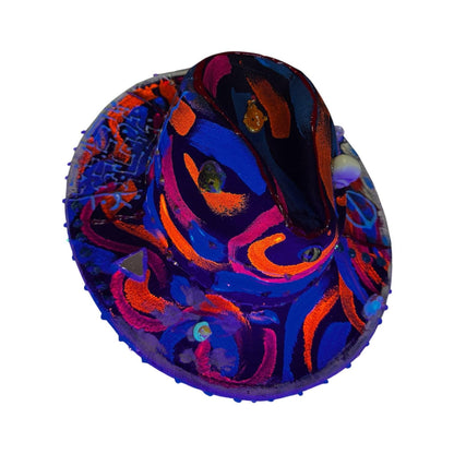 Hand-Painted Psychedelic Skull Fedora: UV Neon Glow Festival Hat