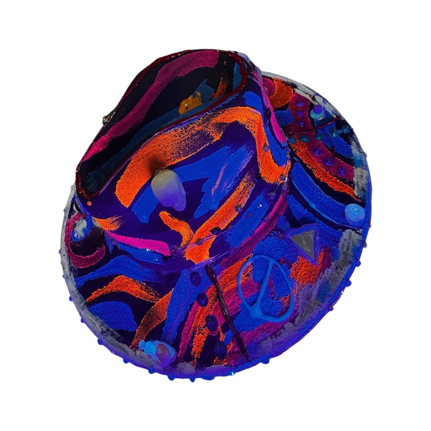 Hand-Painted Psychedelic Skull Fedora: UV Neon Glow Festival Hat