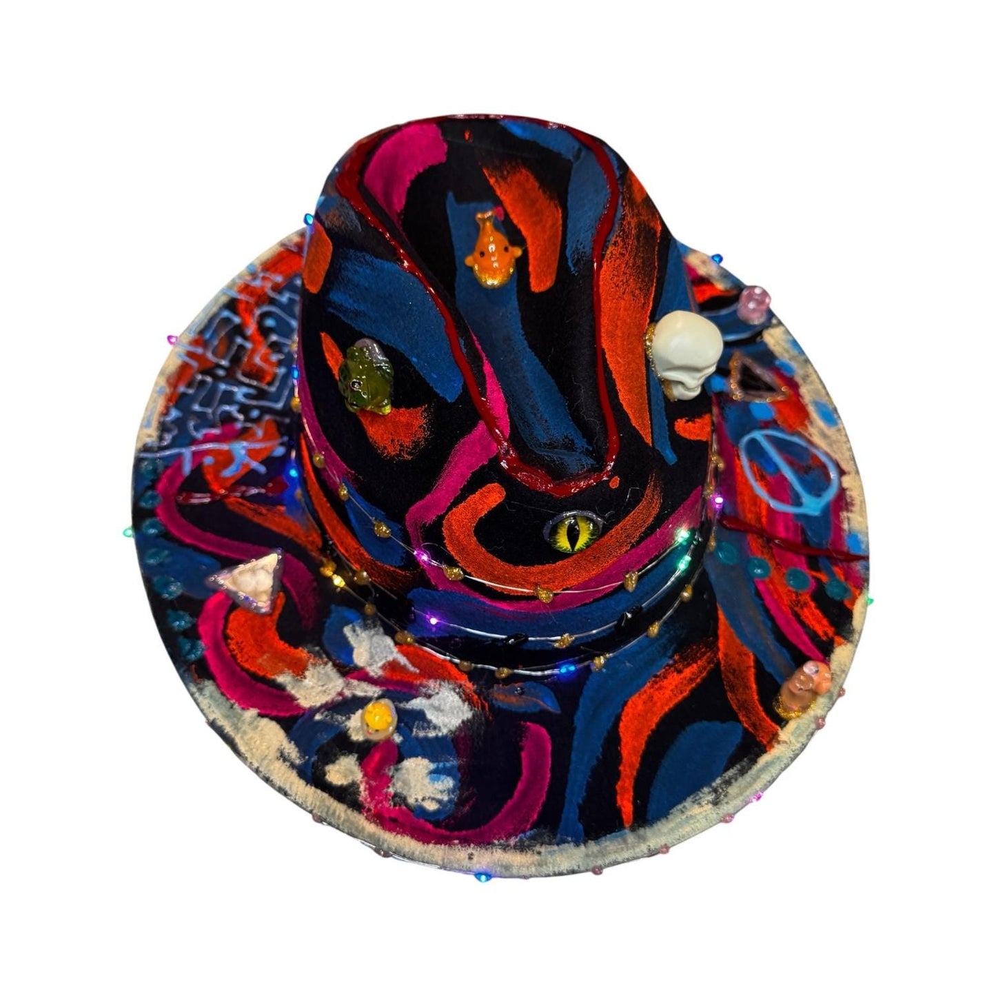Hand-Painted Psychedelic Skull Fedora: UV Neon Glow Festival Hat