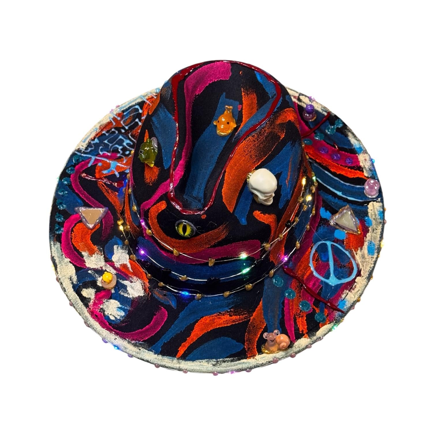 Hand-Painted Psychedelic Skull Fedora: UV Neon Glow Festival Hat