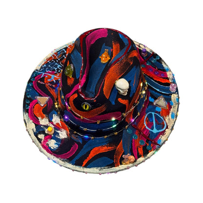 Hand-Painted Psychedelic Skull Fedora: UV Neon Glow Festival Hat