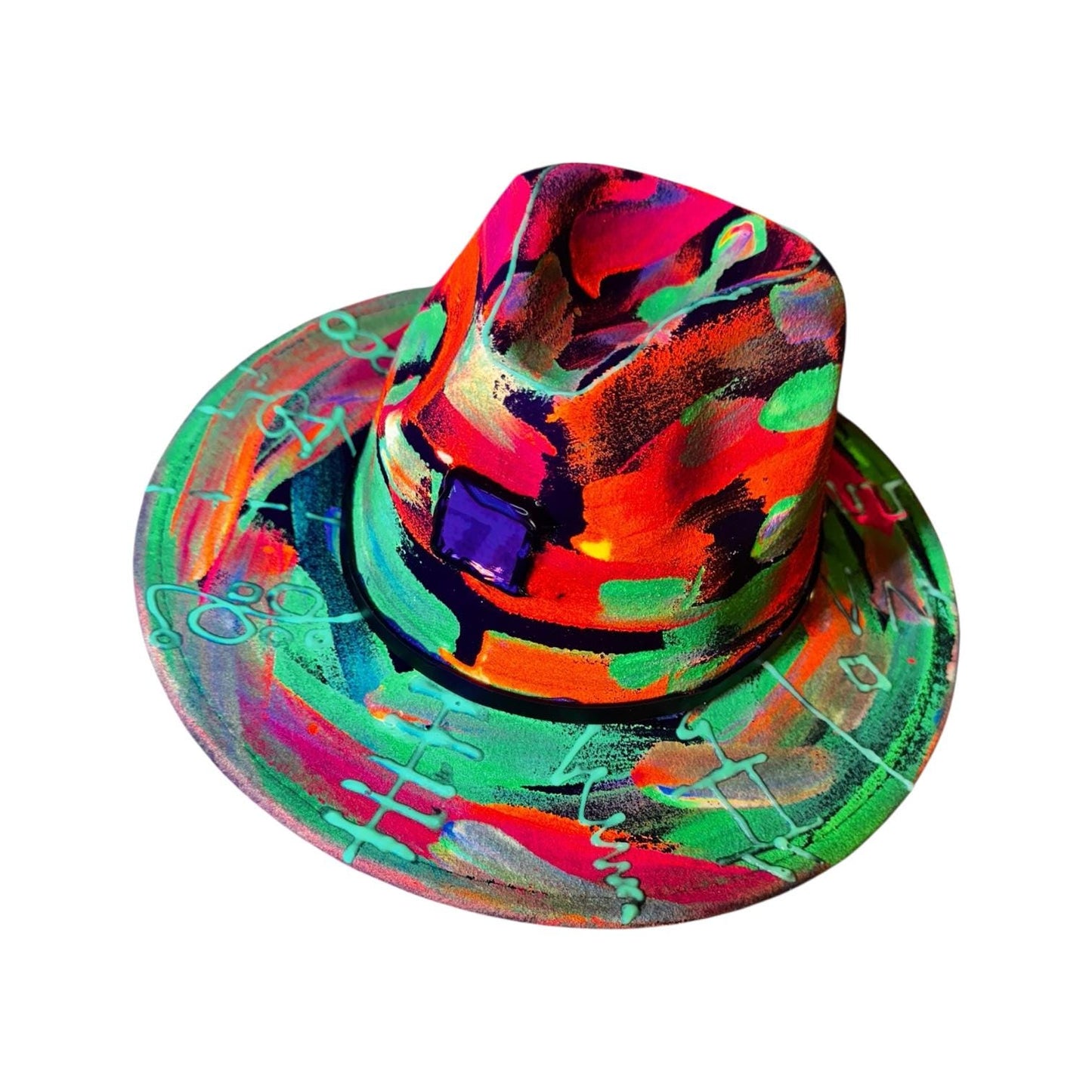Neon Halloween Fedora Hat: Hand-Painted Glow Rave Festival Hat