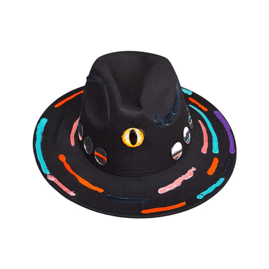 Cat’s Eye Eclipse – Hand-Painted Black Festival Hat with Cosmic Halloween Glow