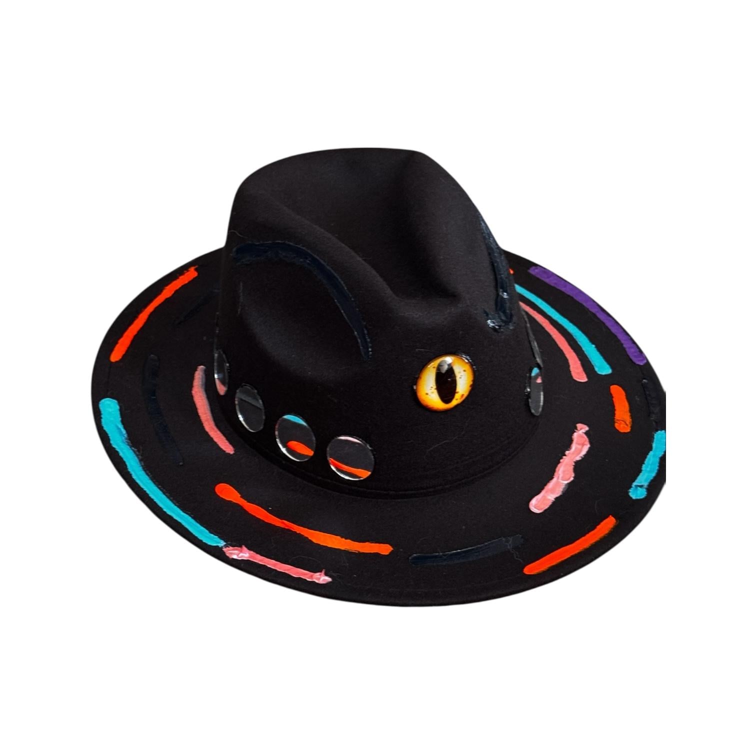Cat’s Eye Eclipse – Hand-Painted Black Festival Hat with Cosmic Halloween Glow